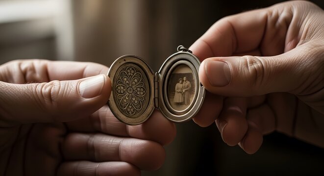 Hands holding an open antique locket with a photo inside on Mother's Day