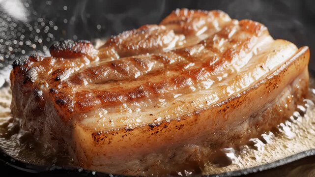 Crispy Pork Belly Sizzling In A Hot Pan Close-Up