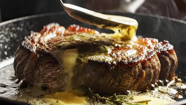 Juicy Ribeye Steak Sizzling In Cast Iron Skillet With Butter And Herbs