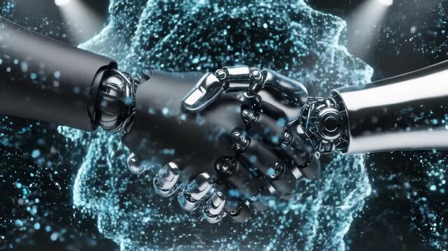 Robot Hands Shaking Hands With Digital Particles Forming A Humanoid Sh
