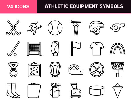Professional Hurling and Field Hockey Equipment Line Symbols Featuring Minimalist Monoline Aesthetics for Technical Sports Graphics