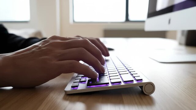 Close-Up Of Person Typing On Illuminated Keyboard At Desk
