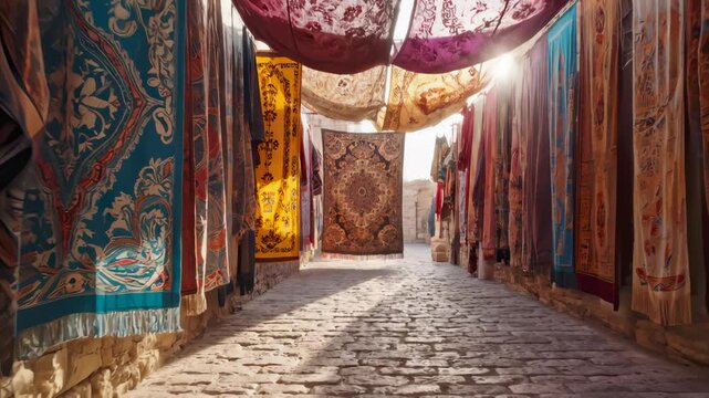 Colorful Traditional Carpets Hanging In A Sunny Middle Eastern Bazaar