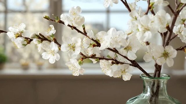 Beautiful white spring blossoms in a glass vase on a wooden table with