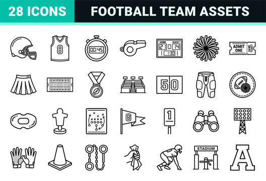 American Football and Cheerleading Technical Monoline Outline Symbols for Sports Branding and Digital UI Interface Design Applications