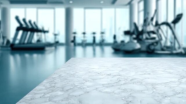 Empty white marble surface with a blurred modern fitness gym background.