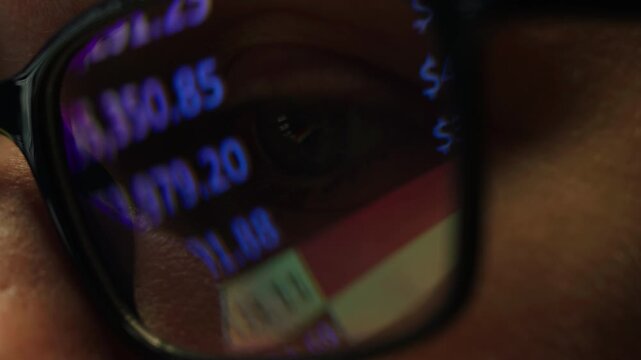 AI code on eyeglass glass, reflection on woman developer eyeglasses, working in dark office, tired busy people, depression on work, haker or it engineer with laptop, stocks markets. 