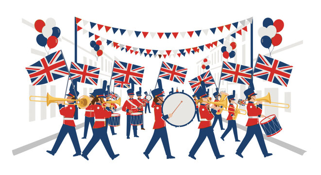 Illustration of a marching band in British military uniforms carrying flags and musical instruments under a festive bunting with Union Jacks and balloons on a white background.