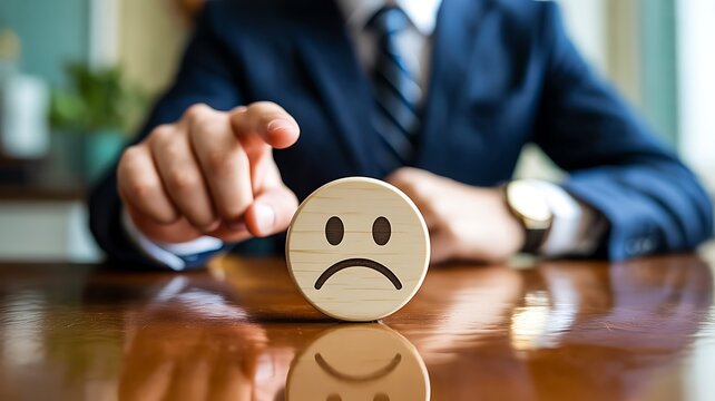 Businessman holding sad emotion icon representing customer dissatisfaction feedback and service rating concept