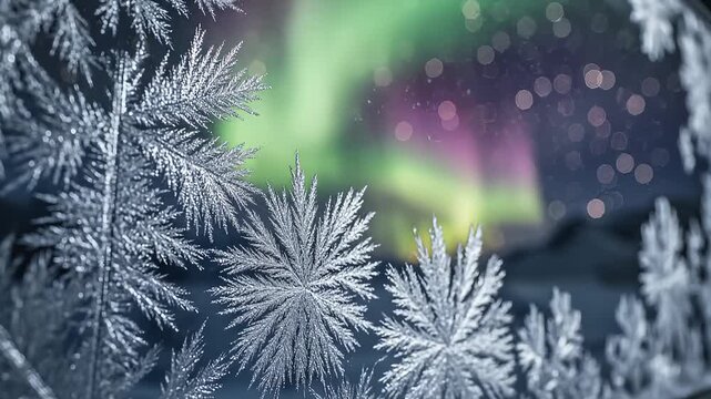 Frosty Window View Of Aurora Borealis Lights Dance