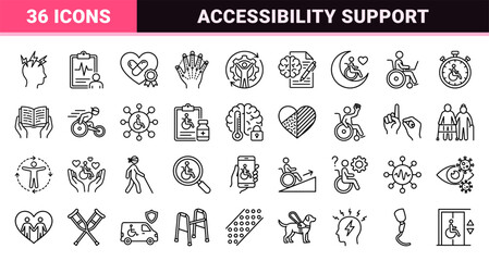 Fototapeta premium Accessibility and Disability Support Monoline Outline Icons featuring Inclusive Healthcare Symbols for Neurodiversity Mobility and Sensory Impairment