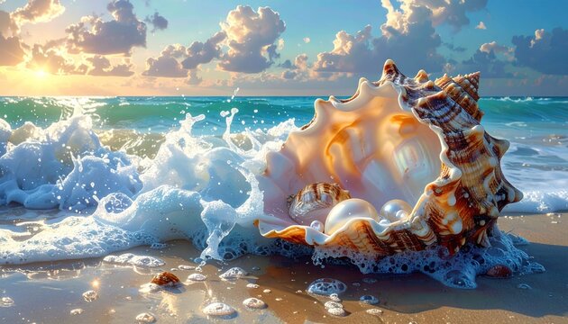 Ocean scene featuring large shell on beach, waves crashing, pearls inside, sunset in distance