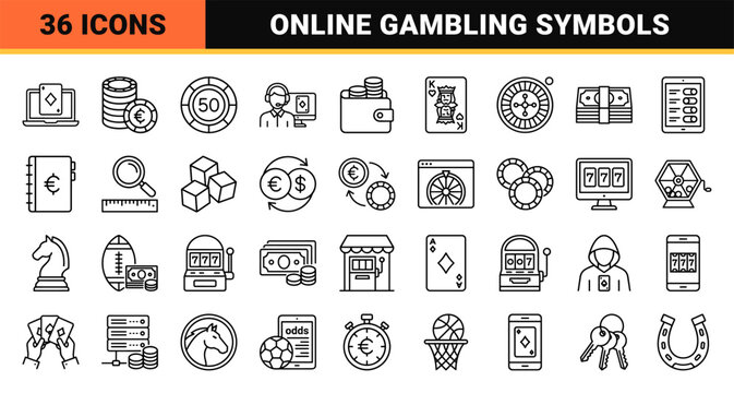 Online Gambling and Sports Betting Monoline Outline Icons featuring Casino Games, Poker Elements, and Wagering Symbols in Sleek Technical Style