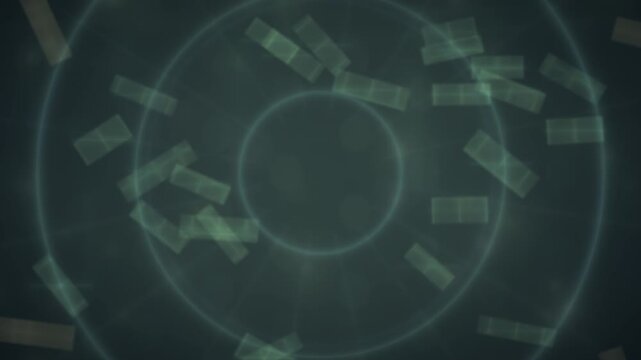 Abstract circles and rectangles float over a dark green grid