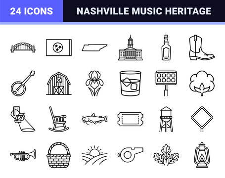 Tennessee State Heritage and Nashville Culture Symbols; Technical Monoline Outline Elements for Southern United States Travel and Tourism Branding.