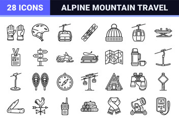 Fototapeta premium Alpine Winter Sports and Mountain Resort Infrastructure Monoline Outline Symbols for Technical Mapping and Travel Signage Utility.