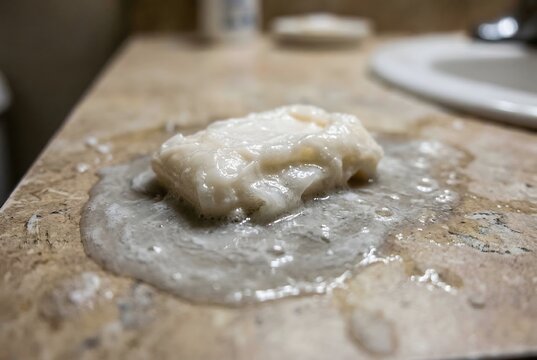 Macro close-up of a severely melted and gelatinous bar of soap sitting in a puddle of thick cloudy scum