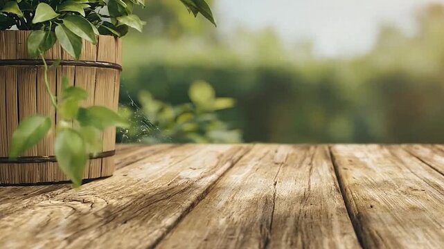 A potted green plant sits on a rustic wooden table with a blurred natural