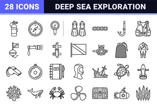 Underwater Exploration and Scuba Diving Technical Monoline Outline Symbols for Marine Sports and Oceanography Graphic Resources