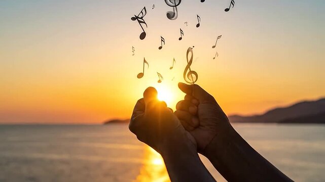 Silhouetted hands releasing musical notes into the vibrant sunset sky over
