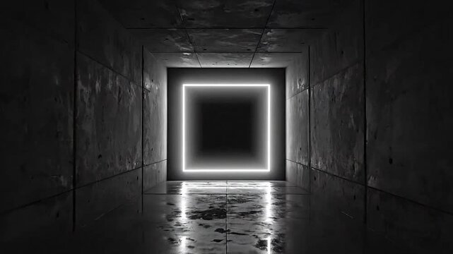 A dark concrete tunnel leads to a bright glowing square portal