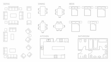 Obraz premium Floor plan of a modern home showing furniture, kitchen, dining, bedrooms, and bathrooms