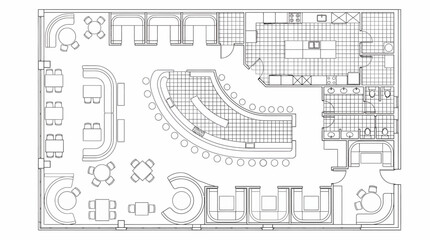 Detailed architectural blueprint of a modern restaurant and bar layout showcasing interior design and efficient space planning concept © Tharusha