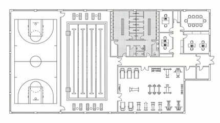 Architectural blueprint of a modern sports complex with gym and swimming pool facilities © Tharusha
