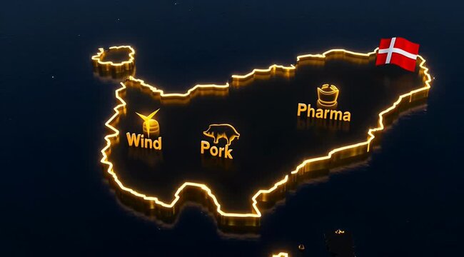 Neon Glowing Denmark Map with Danish Flag - Pork Wind Pharma Economy Concept