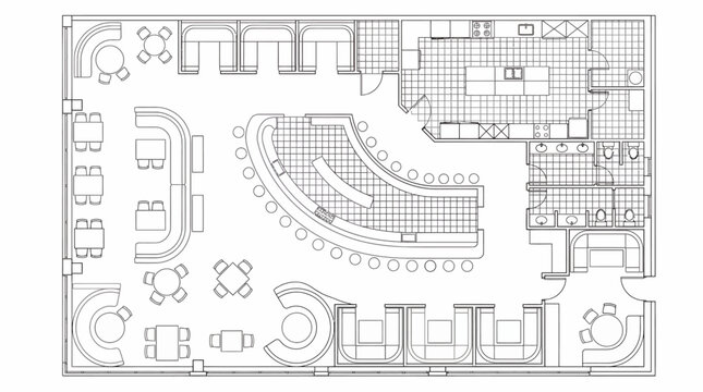 Detailed architectural blueprint of a modern restaurant and bar layout showcasing interior design and efficient space planning concept