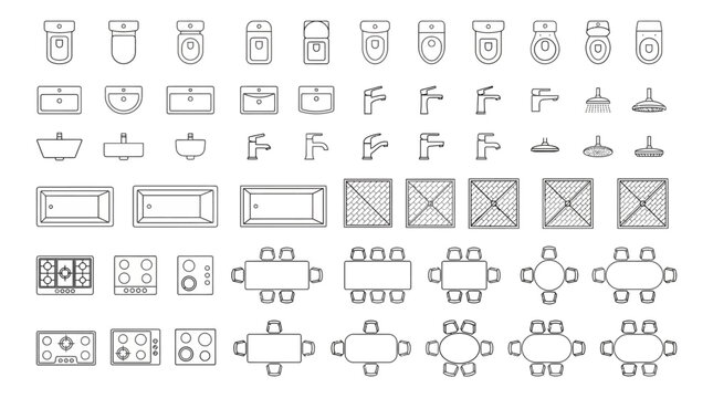 Comprehensive collection of architectural floor plan symbols for bathroom and kitchen layouts