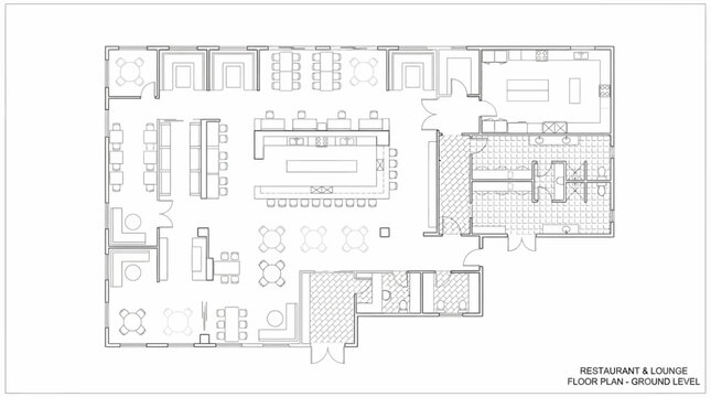 Floor plan of a restaurant and lounge with seating arrangements and bar layout
