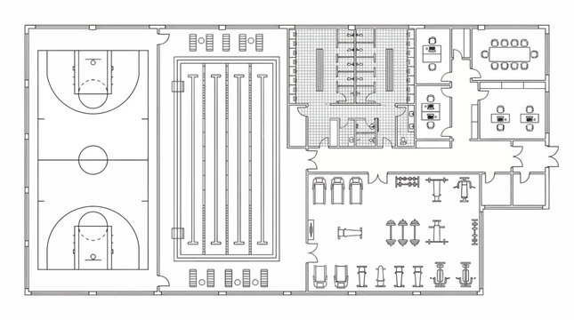 Architectural blueprint of a modern sports complex with gym and swimming pool facilities