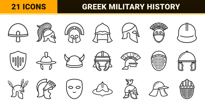 Ancient Greek Warrior Helmets Monoline Vector Graphics for Education. Minimalist Corinthian Military Headgear Symbols in Technical Line Art.
