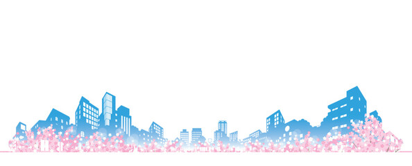 桜が咲く春の街並みイラスト.  © keko-ka