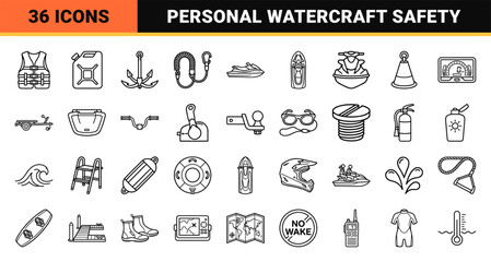 Naklejka premium High-performance marine recreation and personal watercraft monoline symbols for nautical equipment and coastal activity interface design.
