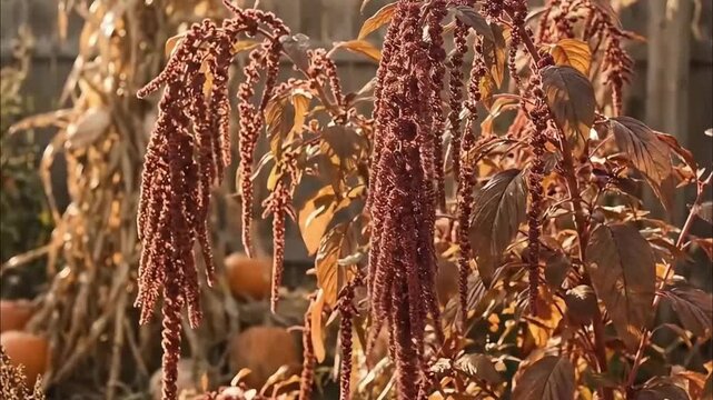 Tall red amaranth flowers hanging down in a garden 4K Videos