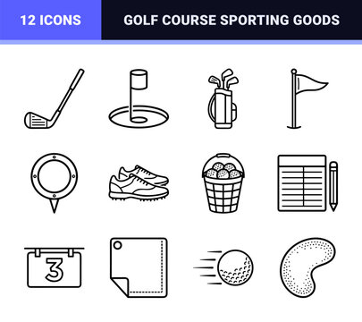 Golf equipment and country club sport accessories in sleek technical monoline neo-line art style for digital interfaces and print media.