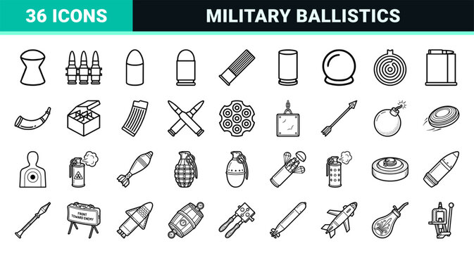 Monoline ammunition and ballistics symbols featuring sleek neo-line art for military, hunting, and tactical design utility.