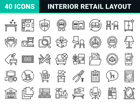 Furniture retail and interior layout symbols for warranty and store planning in a sleek monoline aesthetic.