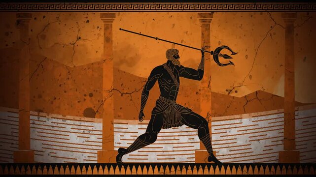 poseidon with trident near sea temple in greek vase style