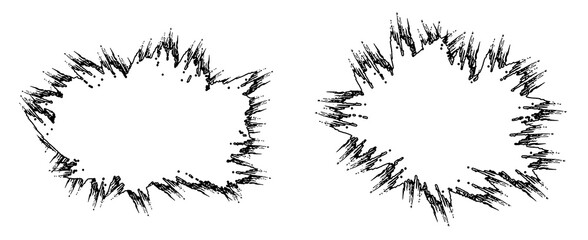 Grunge black ink splash burst frames with rough splatter edges,  for comic explosion effects, abstract borders, badges, posters, stickers, and creative graphic design backgrounds.  © SOUMYA