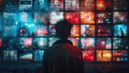 Obraz premium Person views a vast wall of glowing screens displaying diverse media content