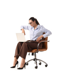 Businesswoman with laptop sitting on chair in pose of marionette on white background