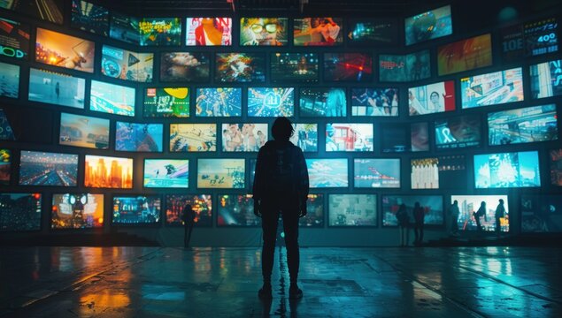 Figure faces a huge glowing wall of diverse video screens in a dark room