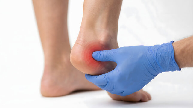 Close-up of a doctor wearing blue medical gloves examining a patient's painful heel with a red inflammation indicator for plantar fasciitis diagnosis.
