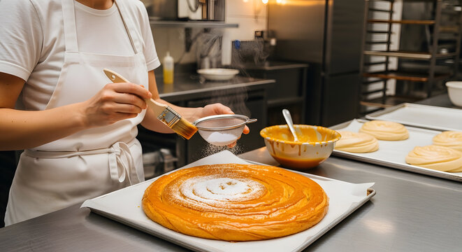 A baker using a metal sifter to sprinkle fine powdered sugar over a large golden brown spiral pastry in a commercial kitchen setting
