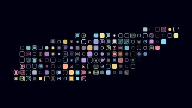 Tennessee animated shape. Pulsating colored dots on the map of the state. Large size rounded square blocks. Digital style Tennessee map on dark background. Modern animation video.