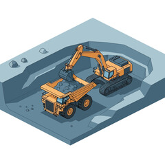 An isometric illustration of an excavator loading a large mining dump truck with rocks in an open-pit mine. © islak