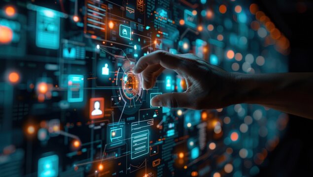 Hand interacts with glowing blue/orange digital interface, showing complex data network